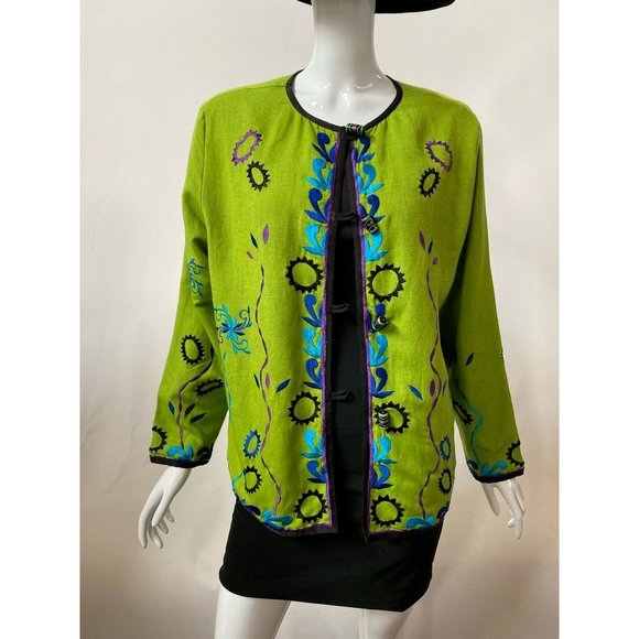 Allure Womens Jacket Green Blue Floral Long Sleeve Toggle Embroidered M - Picture 10 of 12